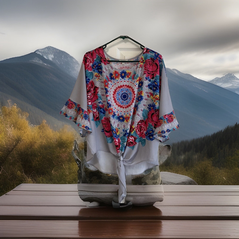 Umgee Large Cute Floral Summer Top Kimono Sleeves Ties In Front